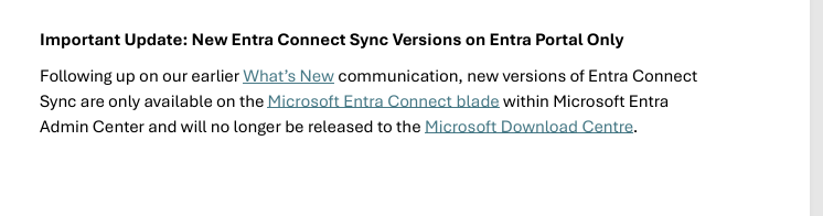 Entra Connect download page showing a banner explaining the download has moved to the portal